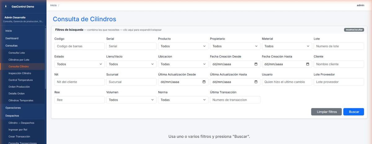 Formulario de búsqueda avanzada de cilindros en GasControl con filtros por código, serial, cliente, lote, estado y ubicación